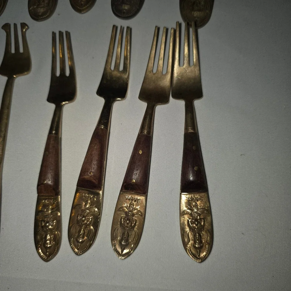 Vintage Siam Bronze Wood Flatware Set 28pc Thai Deity Brass Mid Century Modern‎